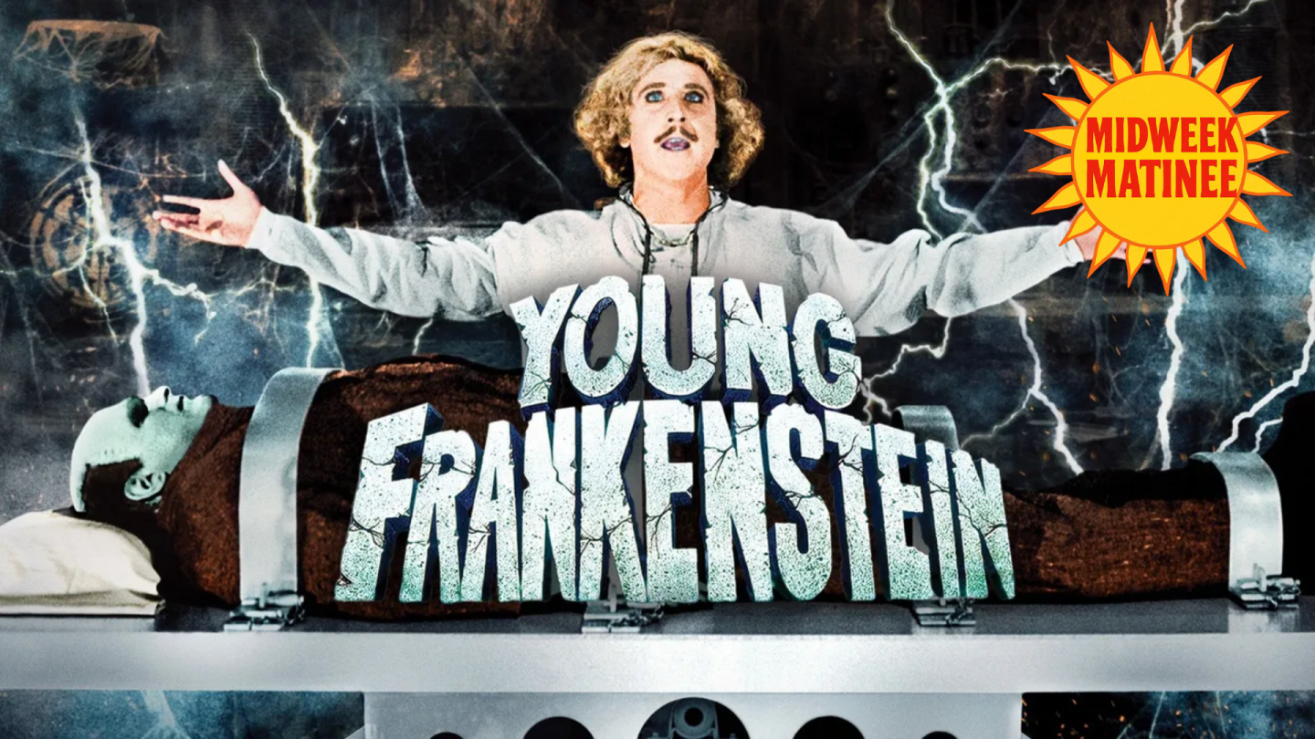 Poster for “Young Frankenstein” with a smiling woman, lightning, and a monster's hand.