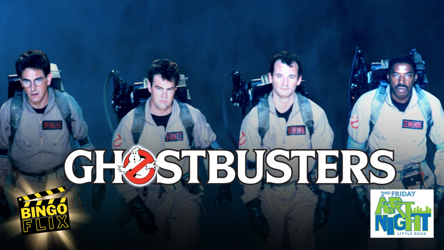 Ghostbusters game poster with four proton-pack-wearing characters against a blue backdrop.