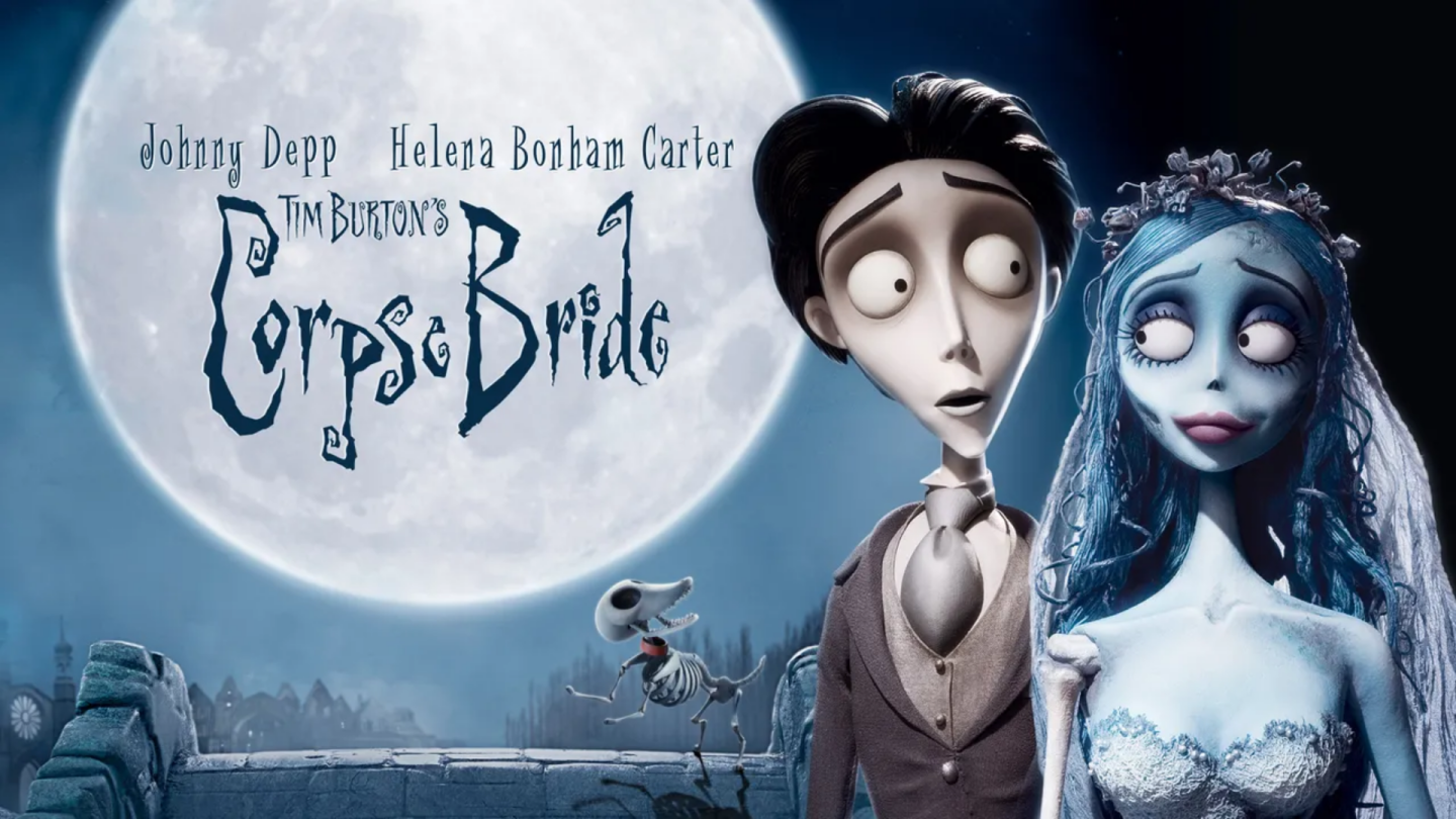 Corpse Bride characters Victor and Emily before a full moon.