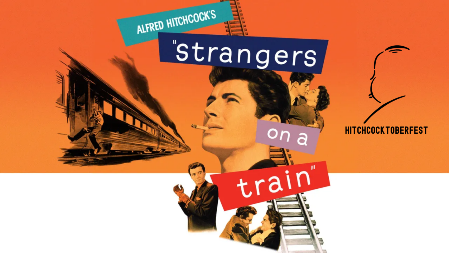 Orange graphic collage with a train, portraits, ladder, and “Strangers on a Train” text.