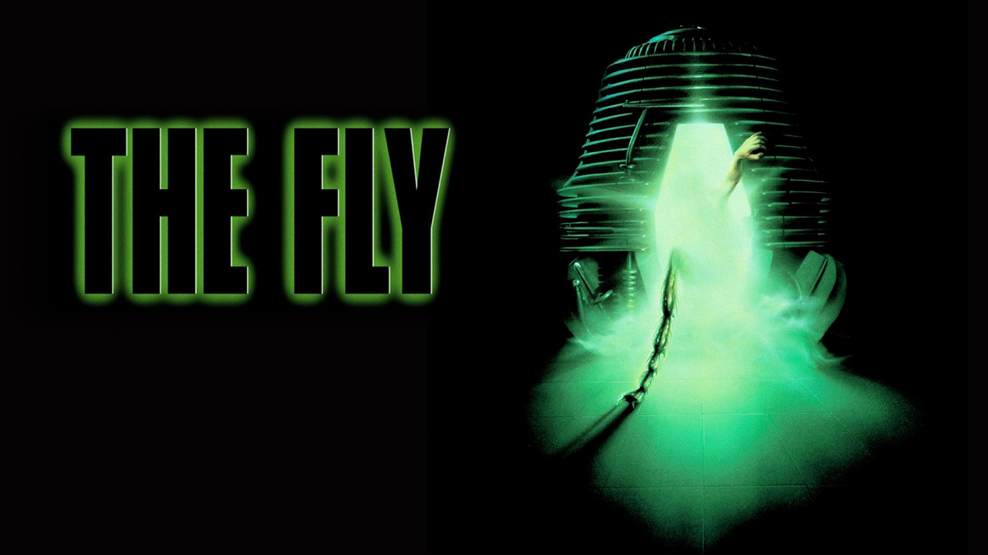 Green-tinted portrait of a veiled woman beside the text “THE FLY”