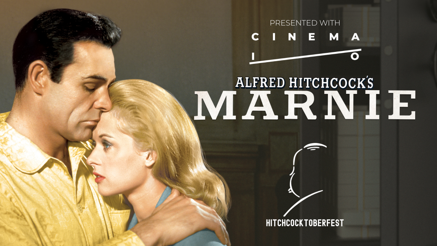 Poster for Alfred Hitchcock’s Marnie, showing a man embracing a worried blonde woman.