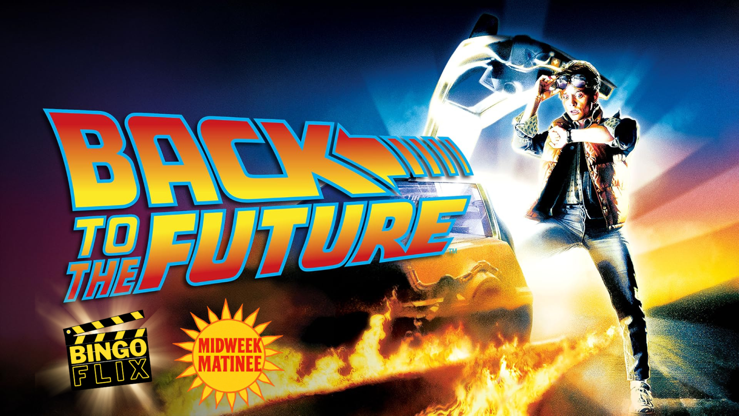 Back to the Future poster with Marty beside the DeLorean and fiery tire tracks