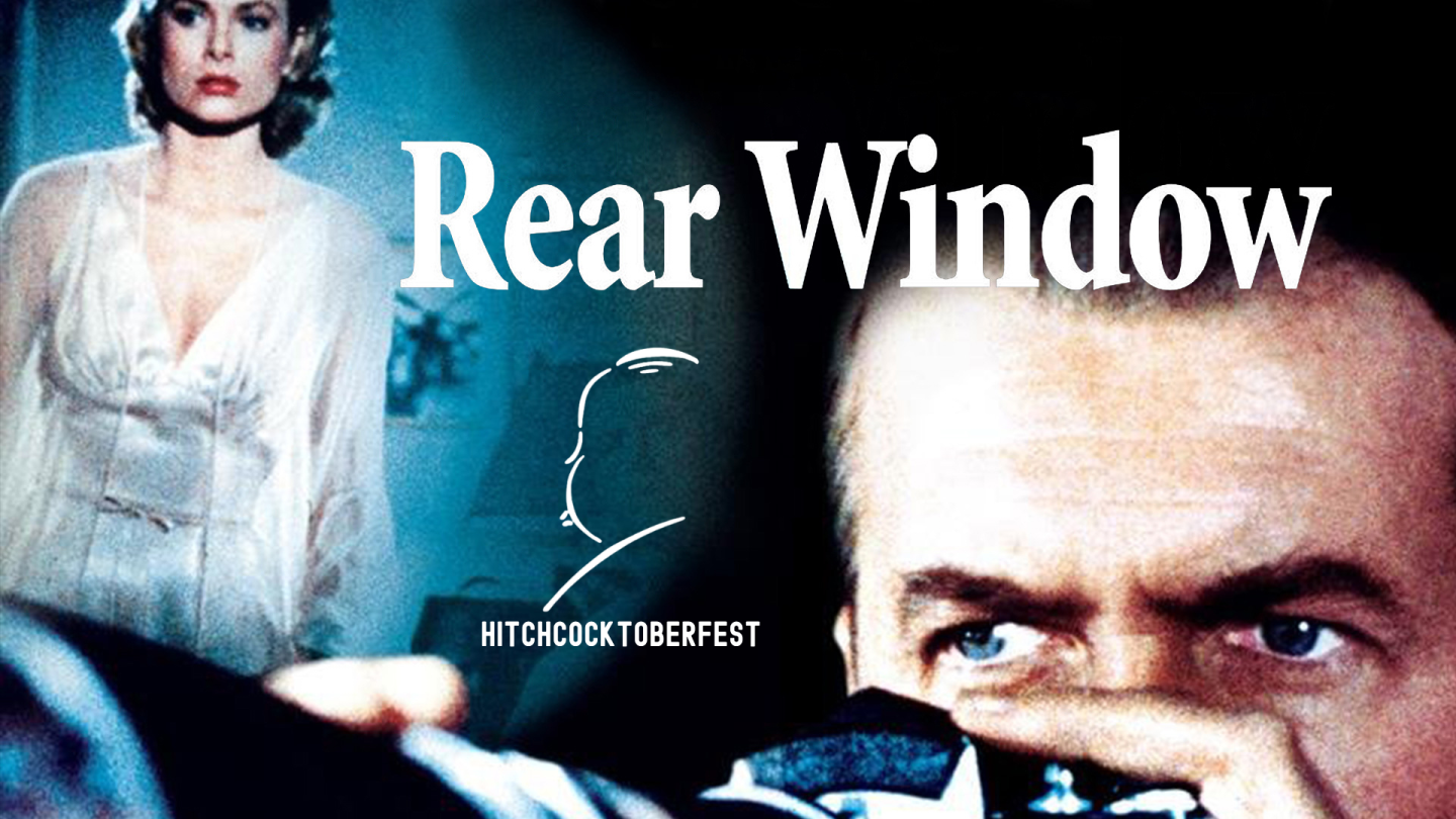 Rear Window movie poster with James Stewart and Grace Kelly.