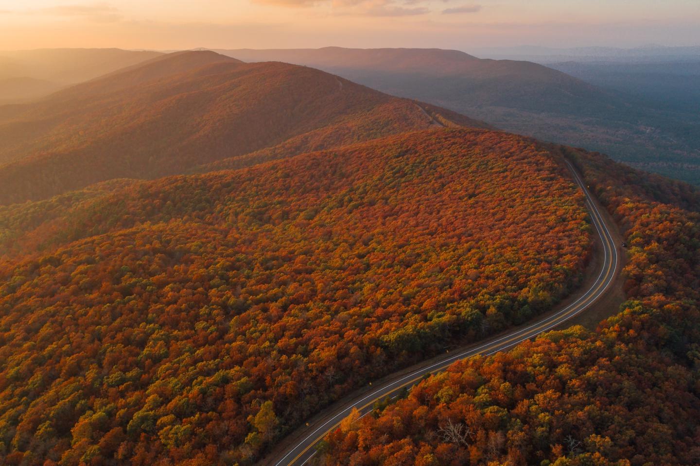 Winding road through an autumn forested mountain landscape at sunset