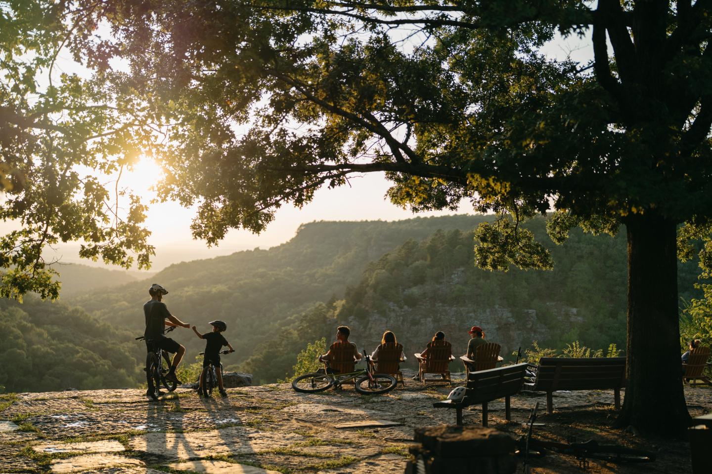 Cyclist rides past people relaxing at a sunlit forest overlook.