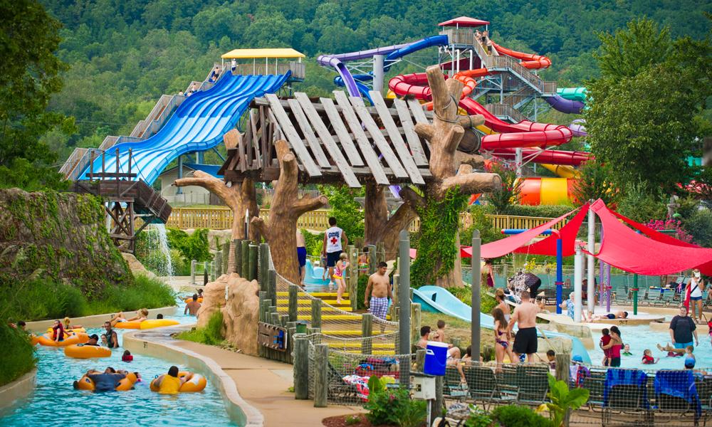 A waterslide and water feature at the Magic Springs Arkansas Theme & Water Park