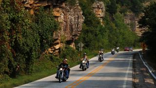 A group of motorcycles taking a ride down Highway 43