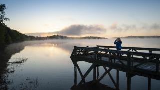 A woman looks out over Beaverfork Lake at dawn in Conway, AR