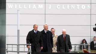 Clinton Library Dedication attendees George W. Bush, Bill Clinton, George H.W. Bush, and Jimmy Carter