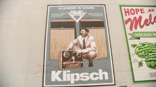 A mural featuring Paul Klipsch on the side of the Hope Chamber of Commerce building on the corner of 2nd and Main. 