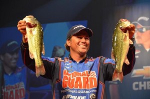 Scott Martin holds up his winning catch during the 2011 Forrest Wood Cup in Hot Springs. Photo care of FLWFishing.com.
